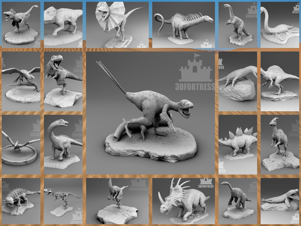 3D-printed toy creatures and dinosaurs